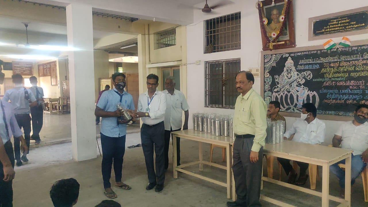 Steel Water Bottle Distribution, Sponsored by Honourable Minister Thiru. Jayakumar to the Staff and Students